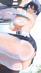 Rule 34 | 1girl, absurdres, ass, ass cutout, azur lane, bent over, black hair, braid, breasts, butt crack, clothing cutout, commentary request, detached sleeves, french braid, from side, green eyes, hai maker, hair between eyes, hanging breasts, highres, indomitable (azur lane), indomitable (ms. motivationless maid) (azur lane), large breasts, long hair, looking at viewer, maid, maid headdress, official alternate costume, pantyhose, see-through, skindentation, skirt, solo, thighs, underboob, wet, wet clothes, white pantyhose