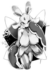 Rule 34 | 1girl, absurdres, antennae, arthropod girl, artist name, bare shoulders, blush, breasts, closed mouth, collarbone, covered erect nipples, cowboy shot, creatures (company), cropped legs, dated, female focus, forehead jewel, furry, furry female, game freak, gen 7 pokemon, greyscale, haembokeyo, hand up, heart, heart in eye, highres, large breasts, lurantis, monochrome, navel, nintendo, nose blush, pokemon, pokemon (creature), shiny skin, signature, simple background, solo, split mouth, standing, symbol in eye, two-tone background, white background