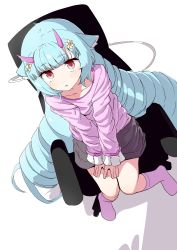 Rule 34 | 1girl, :o, animal ear fluff, animal ears, aqua hair, blunt bangs, blush, chair, delmin (show by rock!!), drill hair, flower, from above, hair flower, hair ornament, horns, long hair, long sleeves, pink shirt, pink socks, red eyes, shadow, shirt, show by rock!!, sidelocks, simple background, sitting, skirt, socks, solo, tottotonero, very long hair, white background
