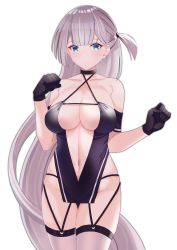 Rule 34 | 1girl, absurdres, aqua eyes, arm strap, azur lane, bare shoulders, black choker, black gloves, blunt bangs, blush, breasts, center opening, choker, cleavage, closed mouth, collarbone, commentary request, cowboy shot, criss-cross halter, garter straps, gloves, groin, halterneck, highres, large breasts, long hair, looking at viewer, navel, one side up, revealing clothes, shoukaku (sororal wings) (azur lane), silver hair, simple background, solo, straight hair, thigh gap, thighhighs, tnr (horiko1525), very long hair, white background, white thighhighs