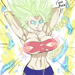 Rule 34 | 1girl, absurdres, blonde hair, blue eyes, breasts, caulifla, dragon ball, dragon ball super, english text, female focus, highres, huge breasts, inverted nipples, looking at viewer, muscular, muscular female, nipples, pseudocel, saiyan, solo, speech bubble, super saiyan, surprised, torn clothes