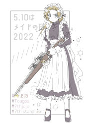 Rule 34 | 1girl, 2022, 7th stand user, alternate costume, apron, back bow, black dress, black footwear, blonde hair, blue eyes, blush, bow, closed mouth, collared dress, commentary, dress, english text, enmaided, female protagonist (7th stand user), frilled apron, frilled dress, frilled hairband, frills, full body, gun, hairband, high collar, holding, holding gun, holding weapon, jojo no kimyou na bouken, juliet sleeves, long dress, long hair, long sleeves, looking to the side, maid, maid apron, maid day, maid headdress, mary janes, mr. big (7th stand user), puffy sleeves, scope, shoes, sideways glance, simple background, sleeve cuffs, solo, stand (jojo), standing, star (symbol), trigger discipline, v-shaped eyebrows, weapon, white apron, white background, white bow, yoi okayu