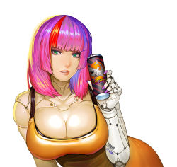 Rule 34 | 1girl, barcode, breasts, can, cleavage, cola, cyberpunk, cyborg, drink can, green eyes, large breasts, lieqi hun, looking at viewer, mechanical arms, multicolored hair, nail polish, original, parted lips, pink hair, purple nails, single mechanical arm, soda can, solo, two-tone hair, white background