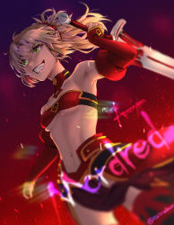 Rule 34 | 1girl, bare shoulders, blonde hair, breasts, character name, clarent (fate), copyright name, cowboy shot, fate/apocrypha, fate (series), green eyes, grin, hair ornament, hair scrunchie, holding, holding sword, holding weapon, left-handed, loincloth, midriff, mordred (fate), mordred (fate/apocrypha), navel, ponytail, red scrunchie, scrunchie, short hair, small breasts, smile, solo, strapless, sword, teeth, twitter username, underboob, v-shaped eyebrows, weapon, yuuzuki rairaku