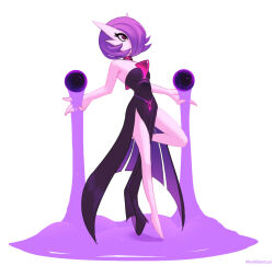 Rule 34 | 1girl, alternate color, alternate shiny pokemon, artist name, black dress, bob cut, choker, clothed pokemon, creatures (company), dress, game freak, gardevoir, gen 3 pokemon, marik bentusi, nintendo, pink eyes, pokemon, pokemon (creature), purple hair, shadow ball (pokemon), side slit, simple background, strapless, strapless dress, white background