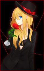 Rule 34 | 10s, 1girl, :o, arm at side, artist name, bad id, bad pixiv id, black background, black bra, black hat, black jacket, blonde hair, blue eyes, border, bow, bra, breasts, buttons, collarbone, commentary request, earrings, flower, formal, gloves, hair between eyes, hat, hat bow, hat ribbon, heart, heart earrings, highres, holding, holding flower, jacket, jewelry, leaf, long hair, long sleeves, looking at viewer, no shirt, outline, parted lips, red border, red bow, red flower, red outline, red ribbon, red rose, ribbon, rko (a470350510), rose, sideways glance, signature, simple background, small breasts, solo, suit, top hat, underwear, upper body, violet evergarden, violet evergarden (series), white gloves