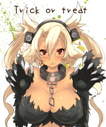 Rule 34 | &gt;:(, 10s, 1girl, alternate costume, animal hands, bare shoulders, blush, breasts, chain, cleavage, closed mouth, collar, dark-skinned female, dark skin, frown, glasses, hair between eyes, hairband, halloween, halloween costume, kantai collection, large breasts, light brown hair, looking at viewer, musashi (kancolle), red eyes, rimless eyewear, sakuhiko, short hair with long locks, solo, trick or treat, upper body, v-shaped eyebrows