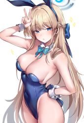 Rule 34 | 1girl, absurdres, allze, arm up, bare arms, bare shoulders, blonde hair, blue archive, blue bow, blue bowtie, blue eyes, blue leotard, bow, bowtie, braid, breasts, cleavage, commentary request, covered navel, cowboy shot, detached collar, french braid, groin, hair bow, highres, large breasts, leotard, long hair, playboy bunny, solo, standing, strapless, strapless leotard, toki (blue archive), toki (bunny) (blue archive), very long hair, w, wrist cuffs