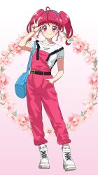Rule 34 | 1girl, ahoge, arm up, bag, belt, black belt, blue bag, blue hairband, blunt bangs, blush, boots, cherry blossoms, crop top, fashion, floral background, full body, gradient background, hair bobbles, hair ornament, hairband, highres, hoshina hikaru, kousuke0912, language request, long hair, looking at viewer, midriff, overalls, pink background, pink eyes, pink hair, pink overalls, precure, shirt, shoulder bag, simple background, smile, solo, split mouth, star twinkle precure, stomach, strap slip, t-shirt, twintails, w, white footwear, white shirt
