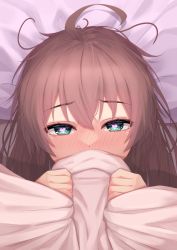 Rule 34 | 1girl, absurdres, ahoge, bed sheet, blush, brown hair, commentary request, covering own mouth, green eyes, hair between eyes, half-closed eyes, hands up, heart, heart-shaped pupils, highres, hololive, long hair, looking at viewer, lying, messy hair, natsuiro matsuri, on back, portrait, sheet grab, solo, starkamisan, symbol-shaped pupils, under covers, virtual youtuber