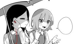 Rule 34 | 2girls, adjusting earphones, backpack, bag, bags under eyes, blank speech bubble, blush, closed eyes, collared shirt, commentary request, dress, facing another, facing to the side, gauze on cheek, greyscale, hand up, hands up, highres, holding, holding umbrella, inemuri (jdq5e), light smile, long hair, long sleeves, looking ahead, medium hair, monochrome, multiple girls, open mouth, parted lips, pinafore dress, scratching cheek, shirt, side-by-side, simple background, sleeve cuffs, sleeveless, sleeveless dress, smile, speech bubble, spot color, talking, umbrella, vocaloid, yoku (vocaloid)