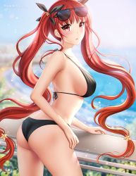 Rule 34 | 1girl, ass, azur lane, beach, bikini, blurry, blurry background, blush, breasts, eyewear on head, floating hair, from side, gigamessy, hair ribbon, halterneck, hand on railing, honolulu (azur lane), honolulu (summer accident?!) (azur lane), large breasts, long hair, looking at viewer, medium breasts, ocean, official alternate costume, open mouth, red eyes, red hair, ribbon, strap gap, sunglasses, swimsuit, twintails, very long hair