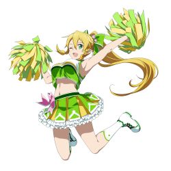 Rule 34 | 10s, 1girl, armpits, arms up, blonde hair, braid, cheerleader, crop top, crop top overhang, front braid, full body, green eyes, high ponytail, highres, leafa, long hair, midriff, navel, official art, one eye closed, open mouth, pointy ears, pom pom (cheerleading), shoes, side braid, simple background, skirt, sleeveless, sneakers, socks, solo, sword art online, twin braids, white background