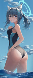 Rule 34 | 1girl, animal ear fluff, animal ears, ass, bad id, bad twitter id, bare shoulders, bikini, black one-piece swimsuit, blue archive, blue eyes, blue sky, blush, cloud, cloudy sky, competition swimsuit, cross, cross hair ornament, day, extra ears, from behind, grey hair, hair ornament, halo, highres, inverted cross, long hair, looking at viewer, looking back, low ponytail, lows., mismatched pupils, multicolored clothes, multicolored swimsuit, ocean, one-piece swimsuit, outdoors, parted lips, ponytail, shiroko (blue archive), shiroko (swimsuit) (blue archive), sky, solo, standing, swimsuit, two-tone swimsuit, wading, water, wet