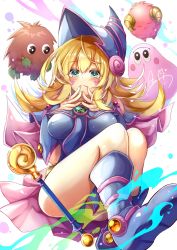 Rule 34 | 1girl, blonde hair, blue footwear, blue hat, blush, blush stickers, boots, breasts, cleavage, closed mouth, dark magician girl, duel monster, gauntlets, green eyes, hat, highres, kuriboh, large breasts, long hair, looking at viewer, marshmallon, pentagram, scapegoat, skirt, solo, staff, thighs, wizard hat, xxrmsn 008, yu-gi-oh!