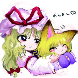 Rule 34 | 2girls, ^ ^, animal ears, blonde hair, blue eyes, blush stickers, bow, closed eyes, closed mouth, fox ears, fox girl, hair bow, hand on another&#039;s head, hands in opposite sleeves, hat, hat ribbon, headpat, long hair, long sleeves, looking at another, mob cap, multiple girls, no headwear, open mouth, red bow, red ribbon, ribbon, smile, touhou, upper body, yakumo ran, yakumo yukari, yakumora n
