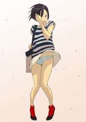 Rule 34 | 1girl, blue panties, brown eyes, brown hair, gradient background, highres, panties, polka dot, shirt, solo, striped clothes, striped shirt, tocky, underwear, upskirt, wind, wind lift