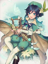 Rule 34 | 1boy, absurdres, amano hotaru (hotaama), anemo (genshin impact), bard, black hair, blue eyes, blue hair, blush, braid, cape, cloud, cloudy sky, feathers, flower, gem, genshin impact, gradient hair, green hat, hat, hat flower, highres, jewelry, leaf, long sleeves, looking at viewer, lyre, male focus, multicolored hair, open mouth, pantyhose, shoes, shorts, sky, smile, solo, thighhighs, trap, twin braids, venti (genshin impact), vision (genshin impact), white flower, white pantyhose