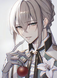Rule 34 | 1boy, absurdres, airgetlam (fate), bambi-25, bauble, bedivere (fate), blush, boutonniere, braid, christmas ornaments, commentary request, fate/grand order, fate (series), flower, gauntlets, green eyes, grey background, hair between eyes, hair tubes, highres, jacket, light blush, lily (flower), long hair, looking at viewer, male focus, neck ribbon, open mouth, parted lips, ponytail, portrait, prosthesis, prosthetic arm, ribbon, shirt, simple background, smile, white shirt