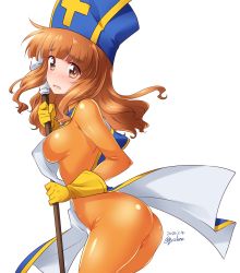 Rule 34 | 1girl, ass, blue tabard, blunt bangs, bodysuit, brown eyes, brown hair, commentary request, cosplay, cowboy shot, cross, dragon quest, dragon quest iii, girls und panzer, hat, highres, kuzuryuu kennosuke, latex, latex suit, long hair, mitre, one-hour drawing challenge, orange bodysuit, priest (dq3), priest (dq3) (cosplay), shiny clothes, simple background, skin tight, solo, tabard, takebe saori, white background