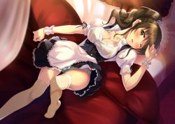 Rule 34 | 1girl, apron, blush, breasts, brown eyes, brown hair, cleavage, doubleforty, green panties, large breasts, long hair, looking at viewer, maid, maid apron, moe2015, original, panties, parted lips, puffy sleeves, sanshita, short sleeves, solo, tears, thighhighs, twintails, unbuttoned, underwear, white thighhighs, wrist cuffs