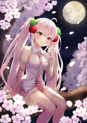 Rule 34 | 1girl, ahoge, arm support, between breasts, blurry, blurry foreground, blush, breasts, cherry hair ornament, closed mouth, collared shirt, commentary, depth of field, detached sleeves, feet out of frame, flower, food-themed hair ornament, full moon, funii, hair ornament, hatsune miku, highres, holding, holding flower, in tree, long hair, long sleeves, medium breasts, moon, necktie, necktie between breasts, night, night sky, outdoors, petals, pink flower, pink hair, pink necktie, pink skirt, pink sleeves, pink thighhighs, pleated skirt, red eyes, sakura miku, shirt, sitting, skirt, sky, sleeveless, sleeveless shirt, smile, solo, star (sky), starry sky, thighhighs, tie clip, tree, twintails, very long hair, vocaloid, white shirt, wide sleeves