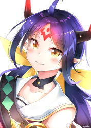 Rule 34 | 1girl, ahoge, blush, bow, breasts, cleavage, collarbone, commentary, epic seven, hair bow, horns, large bow, long hair, looking at viewer, orange bow, parted bangs, pointy ears, ponytail, ravi (epic seven), simple background, smile, solo, sylphine, white background