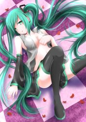 Rule 34 | 1girl, armpits, black skirt, black thighhighs, breasts, catstudioinc (punepuni), censored, cleavage, convenient censoring, detached sleeves, green eyes, green hair, hair ribbon, hand on another&#039;s chest, hand on own chest, hatsune miku, headphones, long hair, lying, matching hair/eyes, medium breasts, midriff, miniskirt, no bra, no panties, on back, open clothes, open mouth, open shirt, petals, pleated skirt, ribbon, shirt, skirt, solo, thighhighs, tile floor, tiles, twintails, very long hair, vocaloid