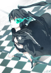 Rule 34 | 10s, aqua eyes, belt, bikini, bikini top only, black hair, black rock shooter, black rock shooter (character), boots, chain, coat, flat chest, gloves, glowing, glowing eyes, laio, long hair, midriff, navel, pale skin, scar, shorts, solo, swimsuit, twintails, vocaloid