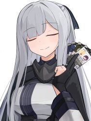 Rule 34 | 1girl, absurdres, ak-12 (girls&#039; frontline), braid, card, closed eyes, closed mouth, french braid, gamryous, girls&#039; frontline, gloves, grey hair, hair ribbon, highres, holding, holding card, jacket, long hair, long sleeves, mask, ponytail, ribbon, sidelocks, simple background, smile, solo, tagme, titanfall, titanfall (series)