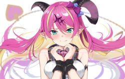 Rule 34 | 1girl, asymmetrical horns, blonde hair, blue bow, blush, bow, breasts, closed mouth, colored inner hair, curled horns, demon horns, fang, fang out, floating hair, green eyes, hair between eyes, hair bow, heart, heart hands, highres, hololive, horns, long hair, mano aloe, medium breasts, multicolored hair, pink hair, pointy ears, purple bow, shirt, simple background, sleeveless, sleeveless shirt, smile, solo, uneven horns, upper body, virtual youtuber, white background, white shirt, yuuzuki (re&#039;ef)