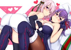 Rule 34 | 2girls, artoria pendragon (all), artoria pendragon (fate), ass, back, bare shoulders, between legs, black legwear, blue dress, blue footwear, blue gloves, blush, boots, bow, breast press, breasts, brown legwear, choker, christmas, closed mouth, collarbone, cosplay, dress, elbow gloves, eyelashes, fate/grand order, fate/stay night, fate (series), female focus, frottage, fur-trimmed boots, fur trim, girl on top, gloves, hair bow, hair over one eye, hair ribbon, head tilt, heart, highres, jeanne d&#039;arc (fate), jeanne d&#039;arc alter (fate), jeanne d&#039;arc alter santa lily (fate), jeanne d&#039;arc alter santa lily (fate) (cosplay), knees up, large breasts, leaning back, leaning on person, long hair, looking at viewer, mash kyrielight, matou sakura, multiple girls, one eye covered, oogatazin, pantyhose, pom pom (clothes), purple eyes, purple hair, red ribbon, ribbon, saber (fate), saber alter, sack, santa alter, santa alter (cosplay), short hair, sideboob, silver hair, sitting, skindentation, smile, strapless, strapless dress, symmetrical docking, thigh boots, thighhighs, tube top, underboob, undersized clothes, wrist cuffs, yuri
