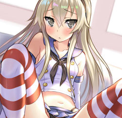Rule 34 | 1girl, :&lt;, black neckerchief, black panties, blonde hair, blue sailor collar, blue skirt, blush, breasts, closed mouth, collarbone, elbow gloves, gloves, grey eyes, highres, kantai collection, long hair, looking at viewer, m legs, miniskirt, navel, neckerchief, panties, pleated skirt, raised eyebrows, sailor collar, shimakaze (kancolle), shirt, sitting, skirt, sleeveless, sleeveless shirt, small breasts, solo, spread legs, striped clothes, striped thighhighs, thighhighs, thong, underwear, violetshit, white gloves, white shirt