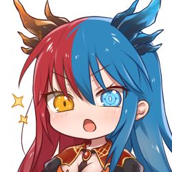 Rule 34 | 1girl, blue eyes, blue hair, blue horns, blush, bow, bowtie, breasts, bright pupils, chibi, commission, commissioner upload, dragon girl, dragon horns, heterochromia, horns, inferna dragnis (xoldrek), long hair, long sleeves, monster girl, multicolored hair, non-web source, open mouth, orange eyes, original, puffy sleeves, red hair, red horns, solo, sparkle, split-color hair, surprised, symbol-shaped pupils, two-tone hair, usagi1923, white background, white pupils