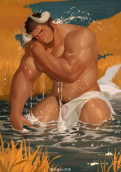 Rule 34 | 1boy, absurdres, animal ears, bad tag, bara, bathing, brown hair, covered penis, covering privates, cow ears, cow horns, cowboy shot, da tan lu (goo), dark-skinned male, dark skin, facial hair, goatee, goo (koushishikou11), hairy, highres, horns, large pectorals, leaning to the side, long sideburns, looking at viewer, male focus, male pubic hair, mature male, muscular, muscular male, navel, navel hair, nipples, nude cover, original, pectorals, pubic hair, scar, scar on face, scar on forehead, scar on nose, see-through, short hair, sideburns, solo, sparse chest hair, sparse navel hair, standing, stomach, tan, thick arm hair, thick eyebrows, thick leg hair, thick thighs, thighs, topless male, wading, wet, wet clothes