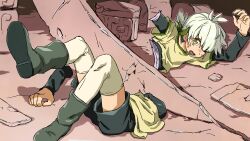 Rule 34 | 1girl, amputee, bisected, boots, dismemberment, green eyes, highres, layered sleeves, long sleeves, lying, open mouth, original, shirt, short hair, short jumpsuit, short over long sleeves, short sleeves, solo, stone floor, sweat, thighhighs, vanillaklein, white hair, white thighhighs, worried