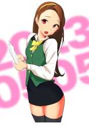 Rule 34 | asymmetrical bangs, blurry, blurry background, bow, bowtie, brown hair, ch2haya p, cosplay, cropped legs, dress shirt, forehead, green vest, hairband, happy birthday, holding, holding paper, idolmaster, idolmaster (classic), idolmaster million live!, minase iori, office lady, open mouth, otonashi kotori, otonashi kotori (cosplay), paper, pencil skirt, pink eyes, shirt, skirt, straight hair, text background, thighhighs, thighs, vest, white background, yellow bow, yellow bowtie, yellow hairband