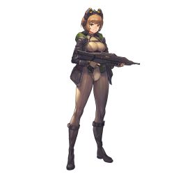 Rule 34 | 1girl, assault rifle, bodysuit, boots, breasts, brown eyes, brown hair, brownie (last origin), chest strap, fingerless gloves, full body, game cg, gloves, goggles, goggles on head, grin, gun, highres, hood, hooded jacket, jacket, kakiman, last origin, looking at viewer, medium breasts, official art, rifle, short hair, smile, solo, tachi-e, transparent background, weapon