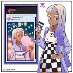 Rule 34 | 1girl, artist name, cellphone, cellphone photo, checkered clothes, cotton candy, dark-skinned female, dark skin, dated, eating, english text, happy new year, heart, highres, holding, holding phone, jacket, japanese clothes, kimono, kunio-kun series, light purple hair, long hair, multicolored hair, new year, phone, purple hair, purple jacket, rajaie101, river city girls, smartphone, social network, solo, tsuiko (river city girls)