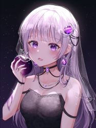 Rule 34 | 1girl, apple, bare arms, bare shoulders, black background, black choker, black dress, blush, breasts, character request, choker, cleavage, collarbone, commentary, dress, earrings, emilia (re:zero), floral print, flower, food, fruit, gem, gradient background, hair intakes, hair ornament, hand up, highres, holding, jewelry, long hair, looking at viewer, medium breasts, open mouth, purple background, purple eyes, re:zero kara hajimeru isekai seikatsu, ring, silver hair, solo, strap slip, symbol-only commentary, upper body, veil, yulha 06