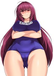 Rule 34 | 1girl, ahoge, arms under breasts, breasts, commentary request, covered navel, crossed arms, fate/grand order, fate (series), hair intakes, haruhisky, highres, large breasts, long hair, looking at viewer, looking down, name tag, navel, old school swimsuit, one-piece swimsuit, purple hair, red eyes, scathach (fate), school swimsuit, school swimsuit flap, shaded face, simple background, smile, solo, swimsuit, thigh gap, white background