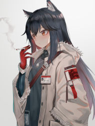 Rule 34 | 1girl, absurdres, animal ears, arknights, black hair, black shirt, cigarette, closed mouth, coat, commentary request, fur-trimmed sleeves, fur trim, gloves, gradient hair, grey coat, hand in pocket, highres, holding, holding cigarette, id card, jewelry, koi0806, long hair, long sleeves, looking away, multicolored hair, necklace, official alternate costume, open clothes, open coat, orange eyes, red gloves, red hair, shirt, sidelocks, smoke, solo, texas (arknights), texas (winter messenger) (arknights), unbuttoned, upper body, very long hair