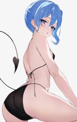 Rule 34 | 1girl, ass, bare arms, bare shoulders, bikini, black bikini, blue eyes, blue hair, blush, demon tail, fawny, from behind, from below, highres, hololive, hoshimachi suisei, looking at viewer, open mouth, side ponytail, simple background, solo, swimsuit, tail, virtual youtuber, white background