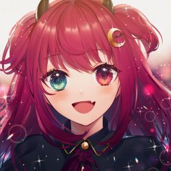 Rule 34 | 1girl, ahoge, blue eyes, blush, capelet, commentary, crescent, crescent hair ornament, daimaou ruaeru, demon girl, fang, hair ornament, heterochromia, highres, long hair, nijisanji, open mouth, red eyes, red hair, skin fang, smile, solo, sparkle, two side up, upper body, virtual youtuber, yuzuki roa