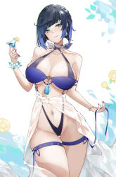 Rule 34 | 1girl, absurdres, armlet, bead necklace, beads, blue hair, blue nails, blue one-piece swimsuit, bracelet, breasts, closed mouth, cocktail glass, cup, diagonal bangs, drinking glass, earrings, eminya 27, food, fruit, genshin impact, green eyes, highres, holding, holding cup, jewelry, large breasts, lemon, lemon slice, looking at viewer, mole, mole on breast, nail polish, navel, navel piercing, necklace, o-ring, o-ring swimsuit, one-piece swimsuit, piercing, purple lips, short hair, single earring, solo, swimsuit, thigh gap, thigh strap, thighs, yelan (genshin impact)