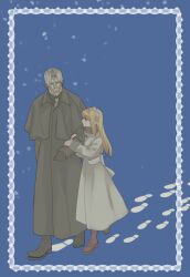Rule 34 | 1boy, 1girl, beard, black coat, black footwear, black gloves, blonde hair, blue background, blunt bangs, boots, border, bow, brown footwear, christmas, coat, coat dress, commentary request, couple, facial hair, footprints, full body, gloves, grey hair, hair bow, height difference, hetero, holding another&#039;s arm, long hair, long sleeves, looking at another, masiro, mustache, necktie, old, old man, overcoat, overlord (maruyama), pink bow, sebas tian, short hair, simple background, smile, snow, snowing, tsuareninya veyron, walking, white border, white coat