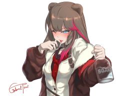Rule 34 | 1girl, ;p, alcohol, animal ears, arknights, artist name, bear ears, black choker, black hair, blue eyes, blush, bottle, brown jacket, cardigan, chinese commentary, choker, commentary request, fur-trimmed jacket, fur trim, gabrieltsui, hands up, highres, holding, holding bottle, jacket, long hair, long sleeves, looking at viewer, multicolored hair, neckerchief, one eye closed, open clothes, open jacket, red hair, red neckerchief, signature, simple background, solo, streaked hair, tongue, tongue out, upper body, white background, white cardigan, zima (arknights)