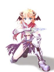 Rule 34 | 1girl, armor, armored boots, assassin cross (ragnarok online), black cape, black gloves, black leotard, black socks, blonde hair, boots, breasts, cape, closed mouth, commentary request, dagger, demon wings, elbow gloves, full body, gauntlets, gloves, green eyes, hachipocchi, head wings, high heel boots, high heels, holding, holding dagger, holding knife, holding weapon, horns, kneehighs, knife, leotard, looking at viewer, navel, on one knee, pauldrons, ragnarok online, red scarf, revealing clothes, scarf, short hair, shoulder armor, simple background, small breasts, socks, solo, torn cape, torn clothes, waist cape, weapon, white background, wings