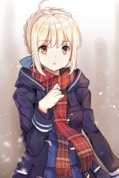 Rule 34 | 1girl, ahoge, artoria pendragon (all), artoria pendragon (fate), blonde hair, blue skirt, braid, coat, duffel coat, fate/grand order, fate (series), french braid, fringe trim, hand on own chest, hand up, highres, looking at viewer, mysterious heroine x alter (fate), mysterious heroine x alter (first ascension) (fate), parted lips, plaid, plaid scarf, pleated skirt, red scarf, saber (fate), scarf, school uniform, serafuku, shovelwall, shovelwell, sidelocks, skirt, solo, upper body, yellow eyes