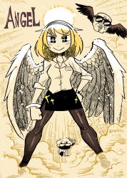 Rule 34 | + +, 2girls, aldegon (rariatto), angel, angel wings, black skin, black skirt, blonde hair, blush, brown legwear, clenched hands, closed mouth, collared shirt, colored skin, colorized, dot nose, dress shirt, feathered wings, hairband, halo, hand on own hip, highres, ink (medium), inktober, legs apart, looking at viewer, miniskirt, mixed media, multiple girls, original, pantyhose, pencil skirt, rariatto (ganguri), shamsiel (rariatto), shirt, short hair, skirt, smile, solo focus, sunglasses, thumbs down, traditional media, twitter username, watch, wing collar, wings, wristwatch